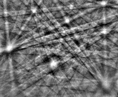 Experimental EBSD pattern from the mineral quartz, showing the multiple Kikuchi bands Experimental EBSD pattern from the mineral quartz, showing the multiple Kikuchi bands