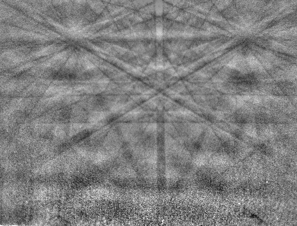 EBSD pattern collected from a Silicon sample at 50° sample tilt, showing inverted contrast and loss of signal EBSD pattern collected from a Silicon sample at 50° sample tilt, showing inverted contrast and loss of signal