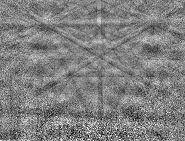 EBSD pattern collected from a Silicon sample at 50° sample tilt, showing inverted contrast and loss of signal