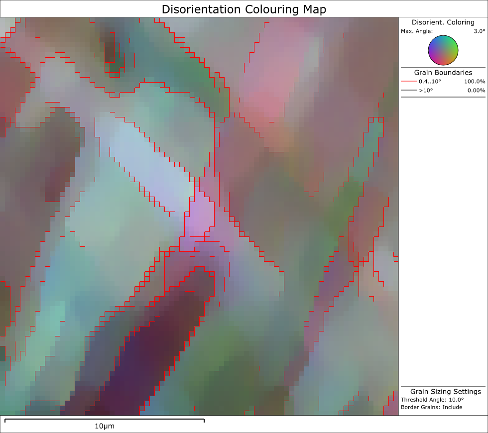 EBSD map using a disorientation colouring scheme showing dislocation cells in an Al-Mg alloy