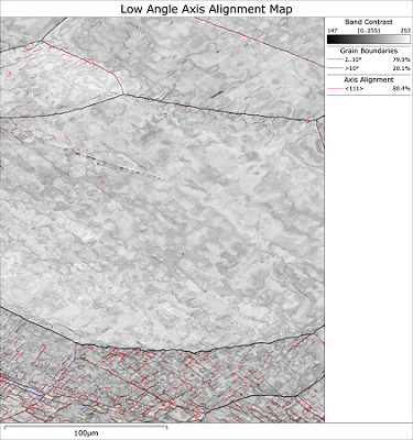 EBSD pattern quality map with boundary overlay, showing localised development of boundaries with rotations about <111> 