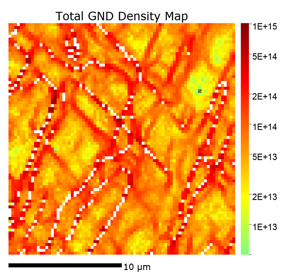 Total geometrically necessary dislocation density map from HR EBSD measurements of an Al-Mg alloy