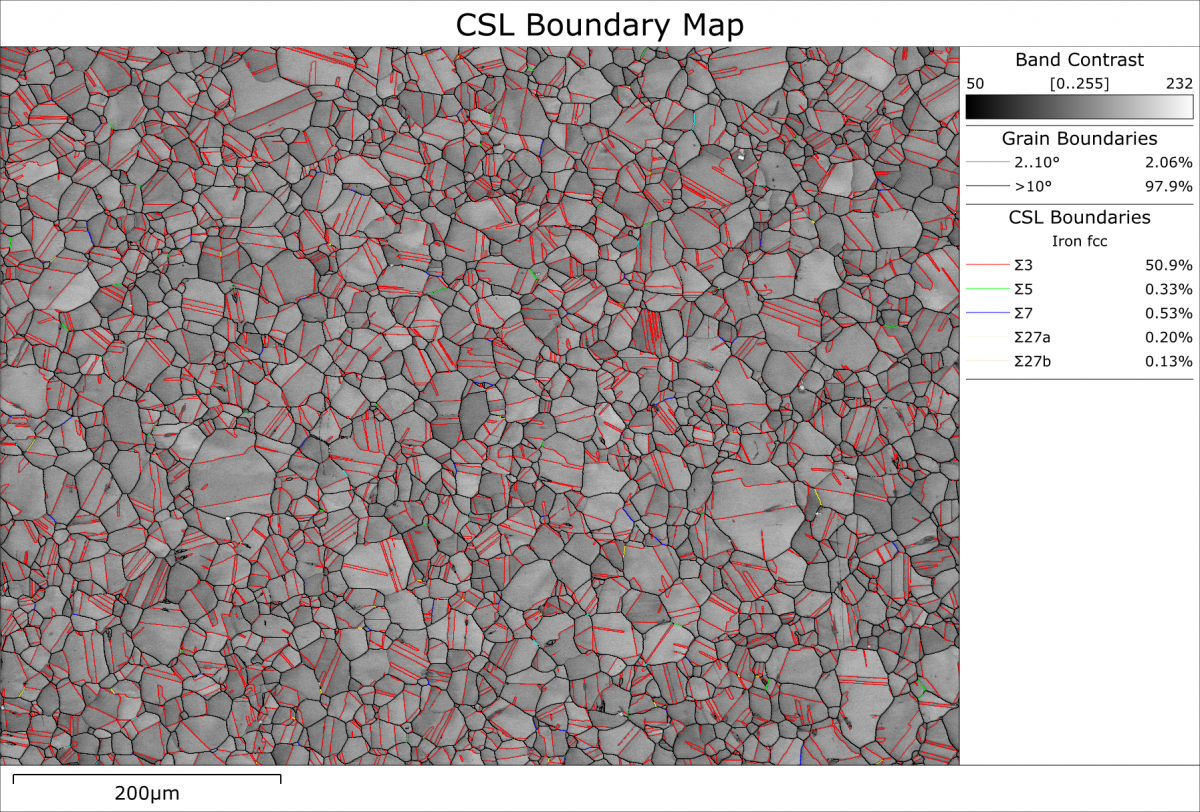An EBSD pattern quality map from an austenitic steel with grain and CSL boundaries superimposed