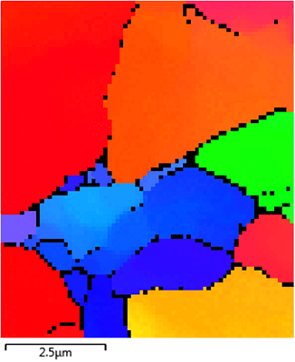 EBSD orientation map collected using conventional indexing, showing non indexed points along grain boundaries