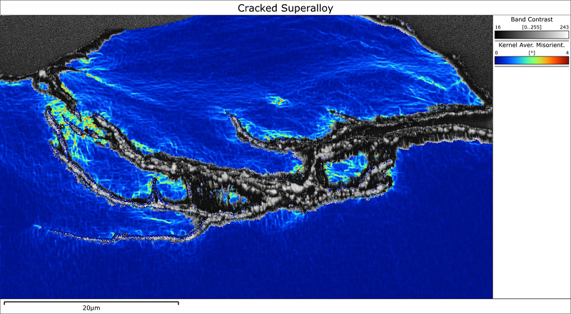 EBSD Kernel average misorientation map showing strain around a crack in a turbine blade Ni superalloy sample