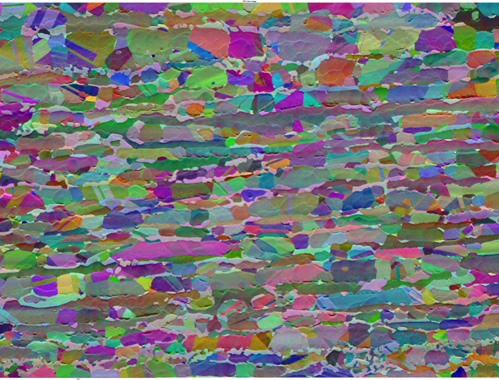 Colour ECCI of a rolled duplex steel collected using forescatter detectors