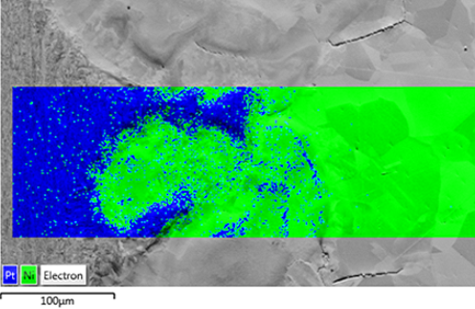 Phase map collected using band-width assisted EBSD indexing of a Pt-Ni mixing zone showing good phase discrimination