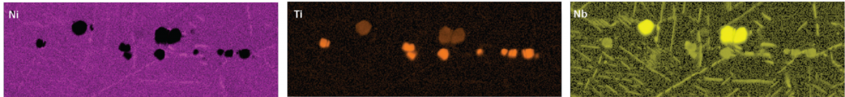 Element maps collected from a Ni superalloy using EDS, showing Ni, Ti and Nb distributions