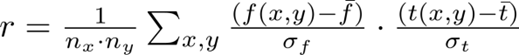 Equation for calculating the normalised cross correlation coefficient