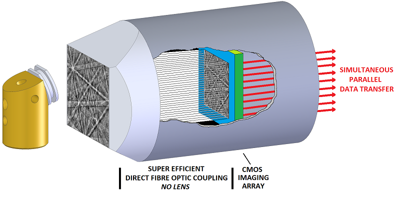 Cutaway schematic of an EBSD detector with a fibre-optic coupling between the phosphor and the sensor