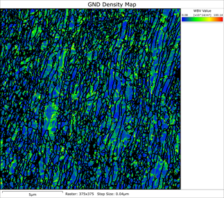 EBSD map showing the minimum geometrically necessary dislocation density in a deformed Ti64 alloy