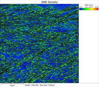 EBSD map showing the minimum geometrically necessary dislocation density in a cold-deformed Ti alloy