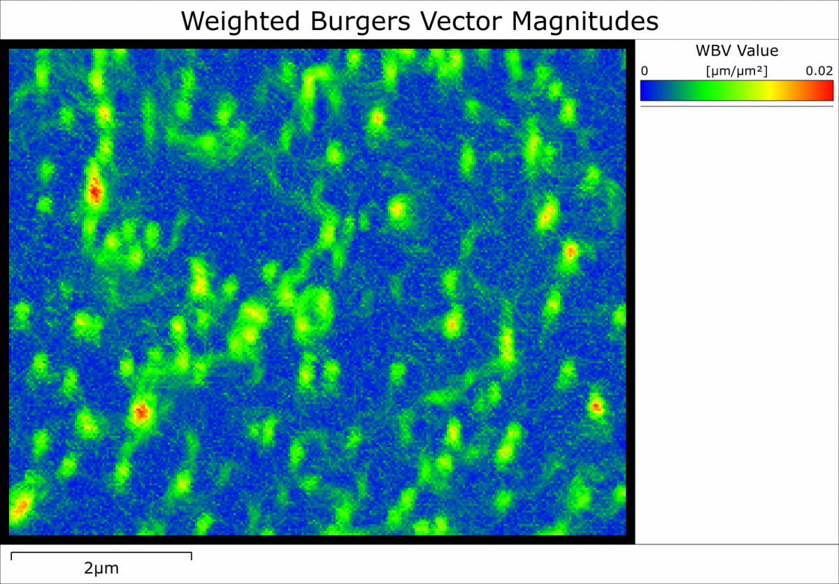 EBSD map collected with high precision from a GaN thin film showing individual threading dislocations