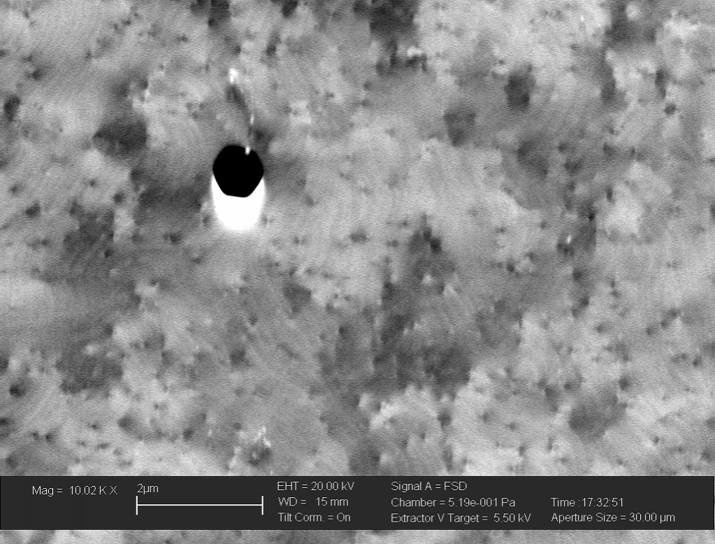 ECCI of a GaN thin film showing individual threading dislocations and surface atomic steps