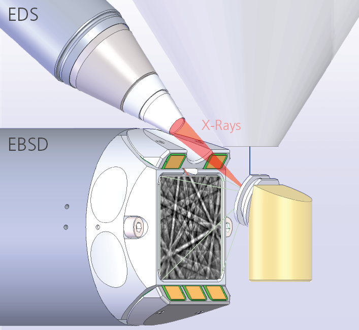 Schematic representation of the optimum geometry for integrated EBSD and EDS analyses in the SEM