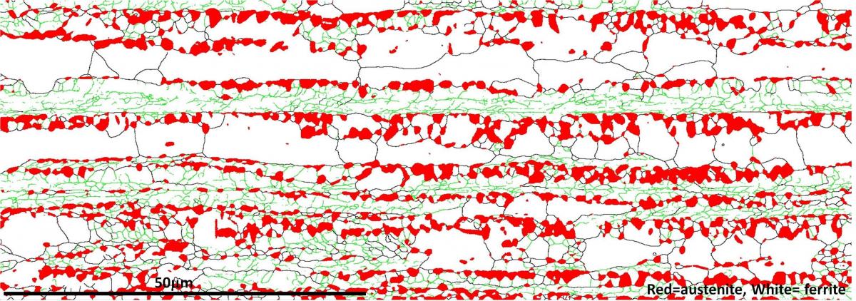 EBSD grain boundary map from a duplex steel sample, showing bands of ferrite with multiple low angle boundaries EBSD grain boundary map from a duplex steel sample, showing bands of ferrite with multiple low angle boundaries