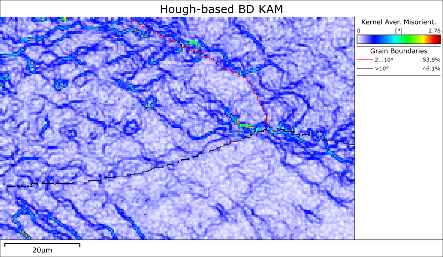 Kernel Average Misorientation map of a deformed Al-Mg alloy collected using standard EBSD indexing