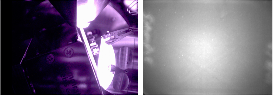 SEM chamberscope image showing the high IR radiation during a high T EBSD experiment, with an example EBSD pattern