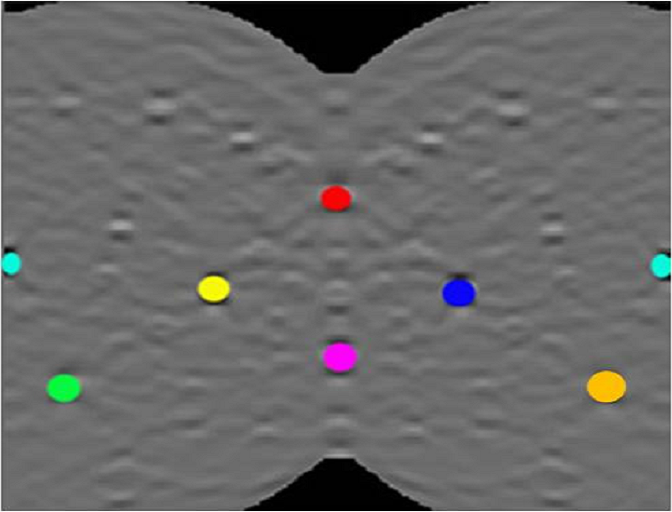 Representation of a Si EBSD pattern in Hough space, with the 8 highest intensity peaks marked