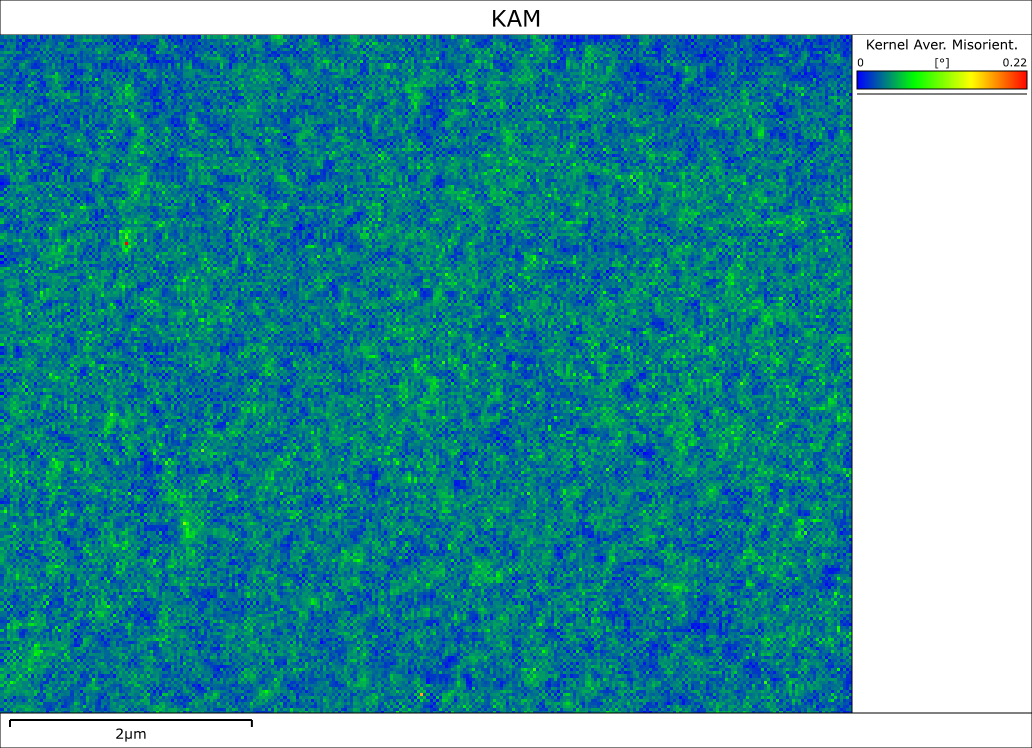 Kernel Average Misorientation EBSD map of a GaN thin film showing little indication of strain around individual dislocations