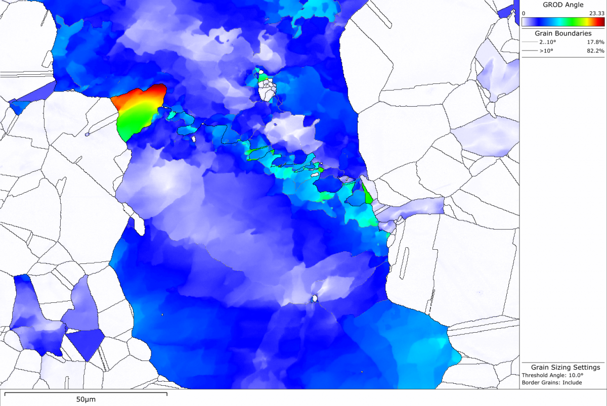 A grain relative orientation distribution map of a deformed Ni sample, showing the internal deformation within grains