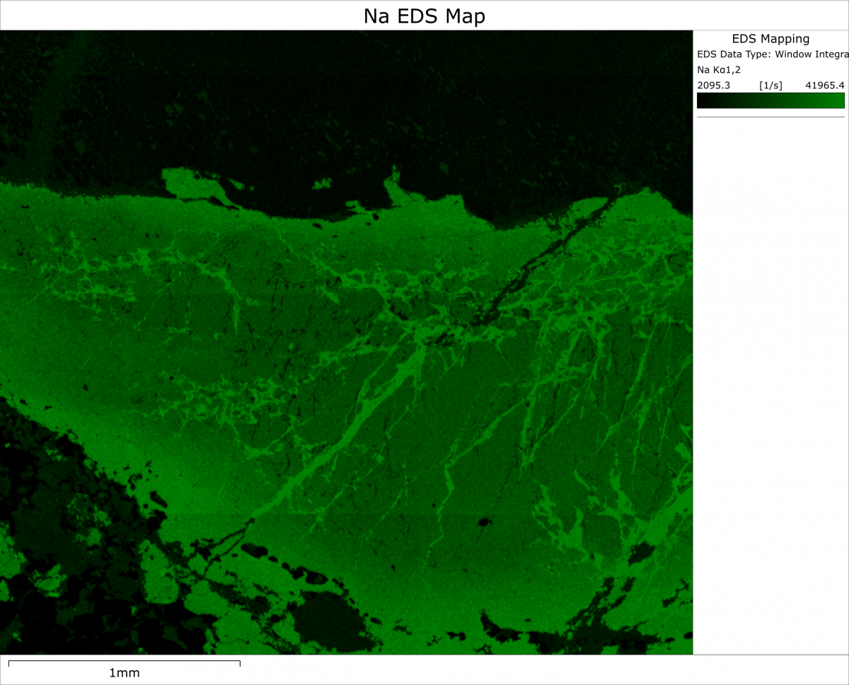 Na element distribution map collected with EDS from an oxide gabbro rock sample