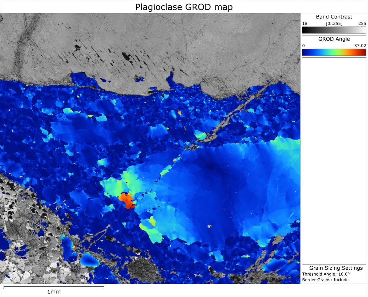 EBSD Grain Relative Orientation Distribution map of plagioclase grains within an oxide gabbro rock sample