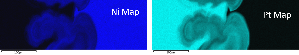 Element maps collected from a Pt-Ni mixing zone using EDS, showing Pt and Ni distributions