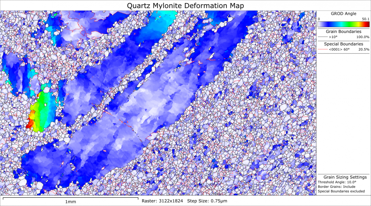 EBSD grain relative orientation deviation map of a quartz mylonite, showing large, deformed grains EBSD grain relative orientation deviation map of a quartz mylonite, showing large, deformed grains