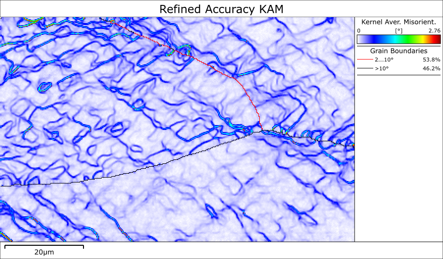 Kernel Average Misorientation map of a deformed Al-Mg alloy collected using refined accuracy EBSD indexing