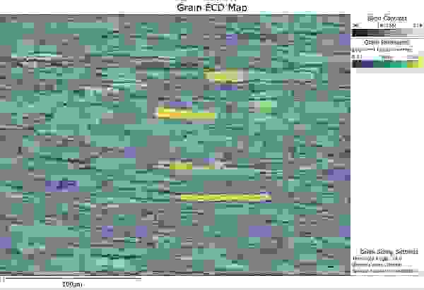 Grain size map from a rolled steel sample, coloured according to the equivalent circle diameter