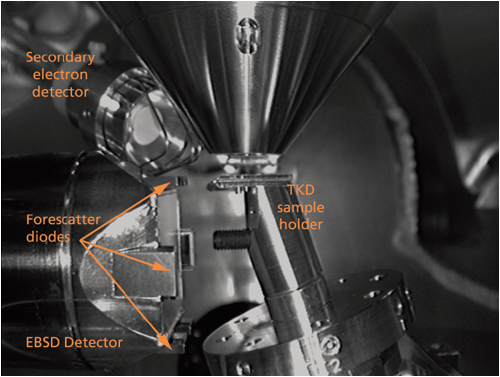 SEM chamberscope image showing the ideal geometry for off-axis transmission Kikuchi diffraction
