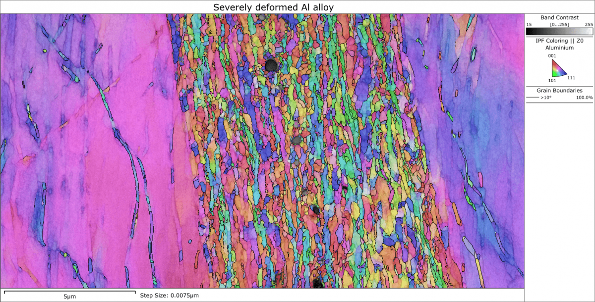 TKD orientation map of a nanocrystalline shear band in a deformed Al alloy sample