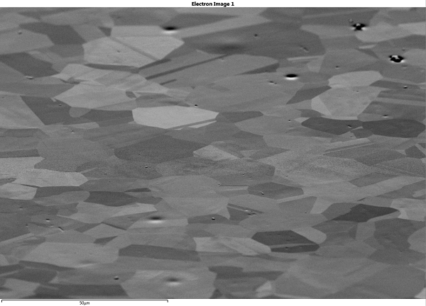 Forescatter electron image of a tilted sample with no tilt correction or dynamic focus