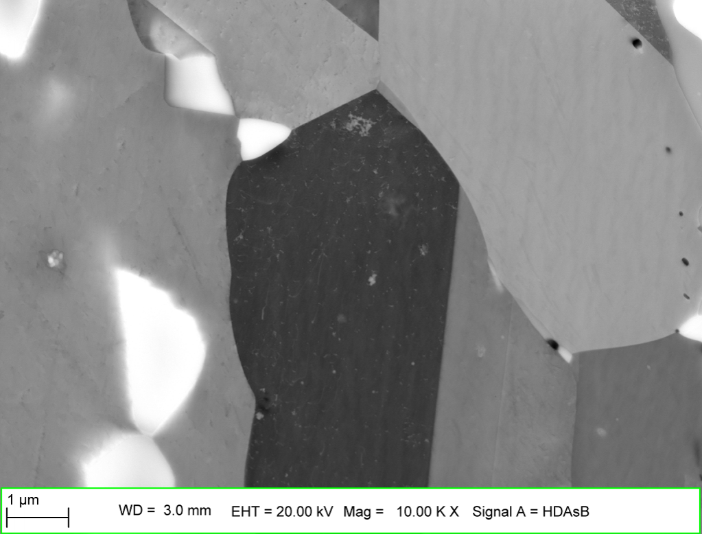 An ECCI from a rolled steel sample, showing varying dislocation contrasts in different grains