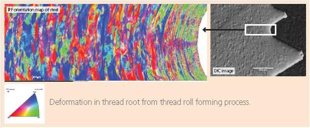 Example of EBSD analysis of thread root in steel following vibratory polishing.