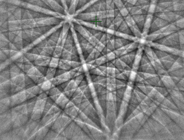 EBSD pattern collected at a short working distance from a ferrite sample, with a high pattern centre position EBSD pattern collected at a short working distance from a ferrite sample, with a high pattern centre position