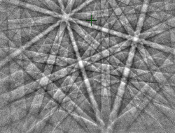 EBSD pattern collected at a short working distance from a ferrite sample, with a high pattern centre position