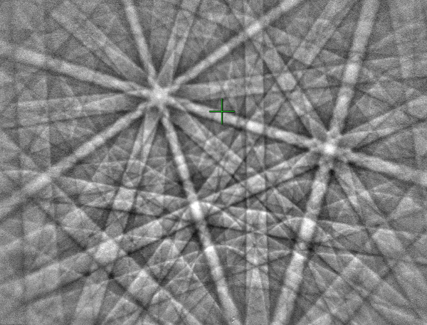 EBSD pattern collected at a standard working distance from a ferrite sample, with an optimum pattern centre position EBSD pattern collected at a standard working distance from a ferrite sample, with an optimum pattern centre position