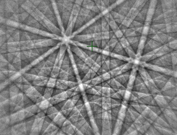 EBSD pattern collected at a standard working distance from a ferrite sample, with an optimum pattern centre position