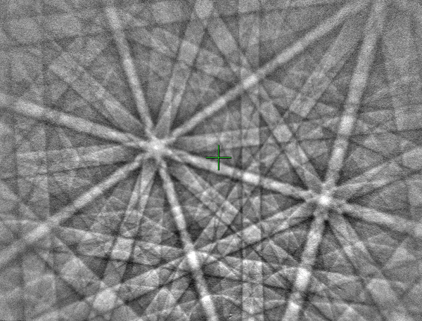 EBSD pattern collected at a long working distance from a ferrite sample, with a low pattern centre position EBSD pattern collected at a long working distance from a ferrite sample, with a low pattern centre position