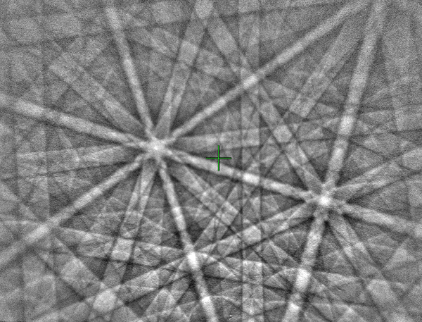 EBSD pattern collected at a long working distance from a ferrite sample, with a low pattern centre position